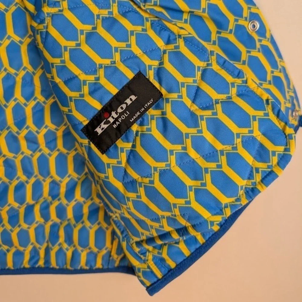 Kiton Quilted Vest Mens Size 42 / IT 52 Slim Fit Blue Yellow Geometric Italy